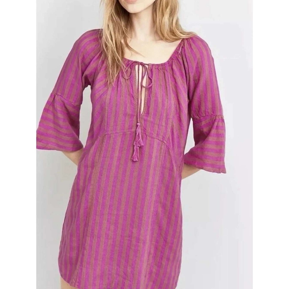 Free People Folk Town Boho Dress Size M Magenta Stripe Bell Sleeve Tassel Linen